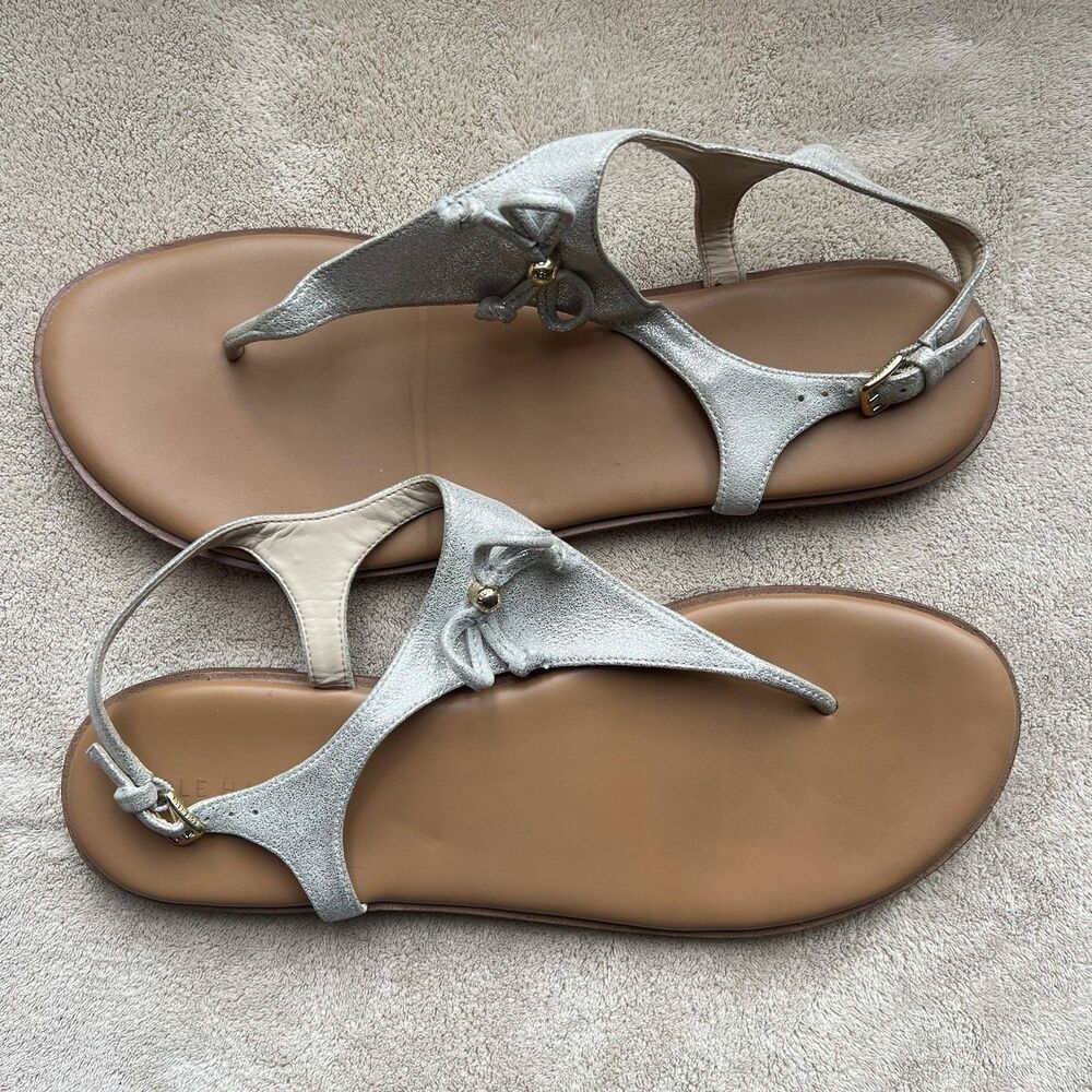 Cole Haan Findra Metallic Silver Vegan Leather Thong Flat Sandals‎ Women 9 B Bow